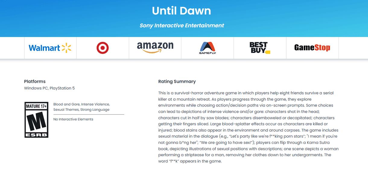 UNTIL DAWN REMAKE ESRB
