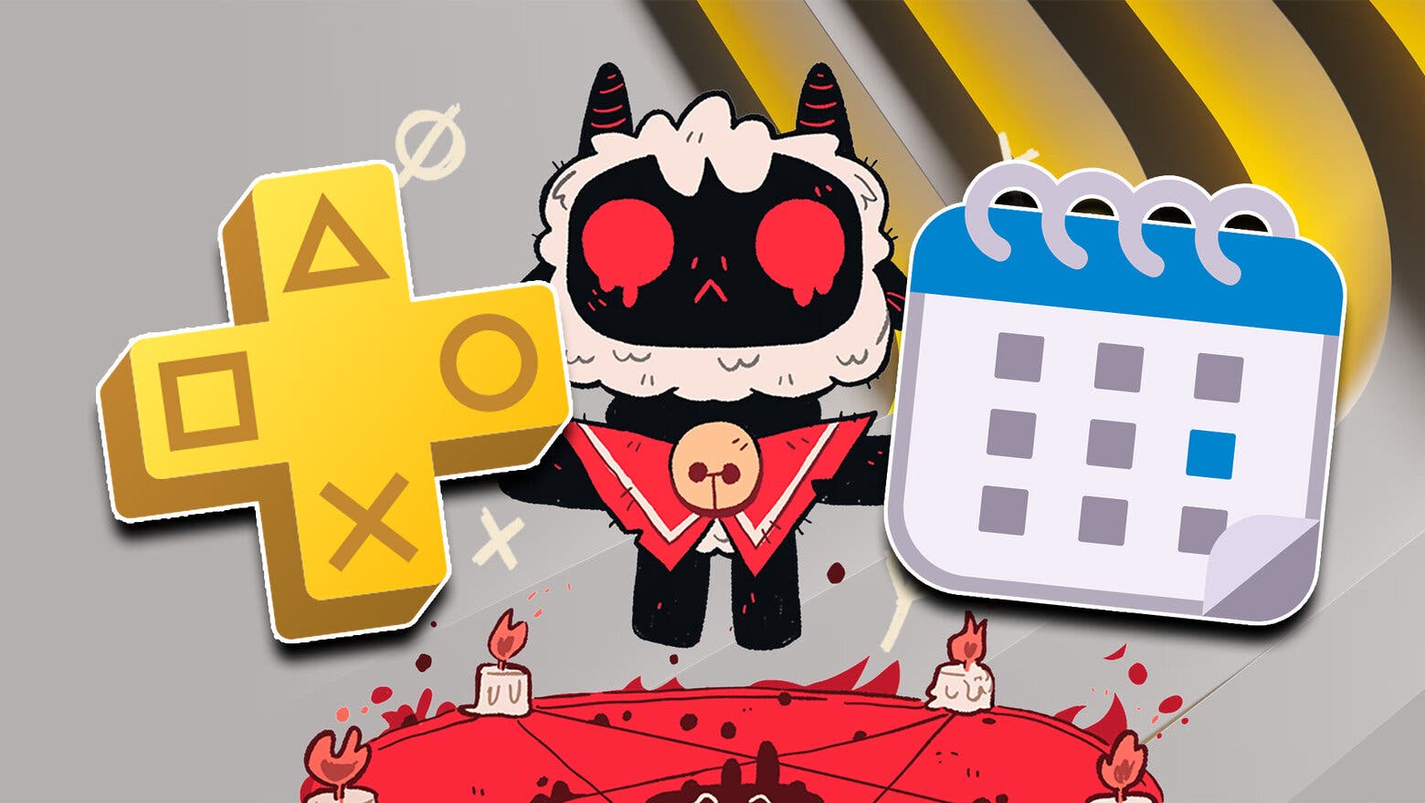 Protagonista de Cult of the Lamb junto al logo de PS Plus y un icono de calendario