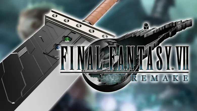 El logo de Final Fantasy VII Remake junto a un render de la espada de Cloud