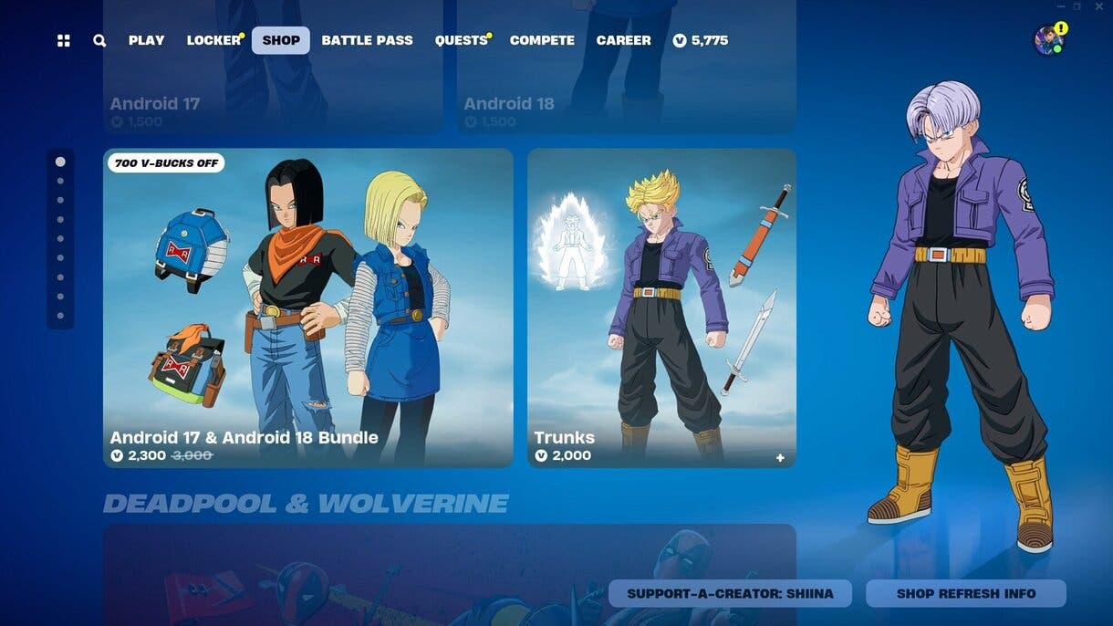 Nuevas skins de Trunks y los Androides en Fortnite