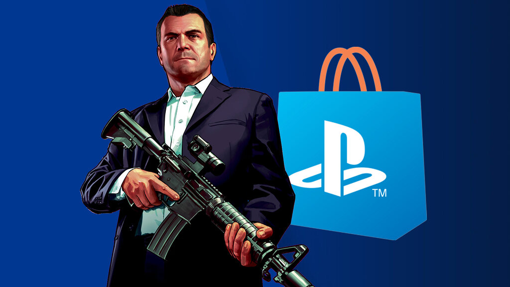 Render de Michael, uno de los protagonistas de GTA V, junto al logo de PS Store