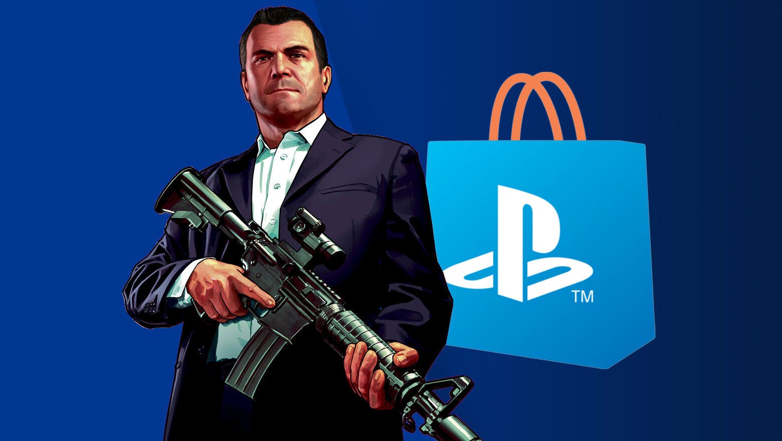 Render de Michael, uno de los protagonistas de GTA V, junto al logo de PS Store