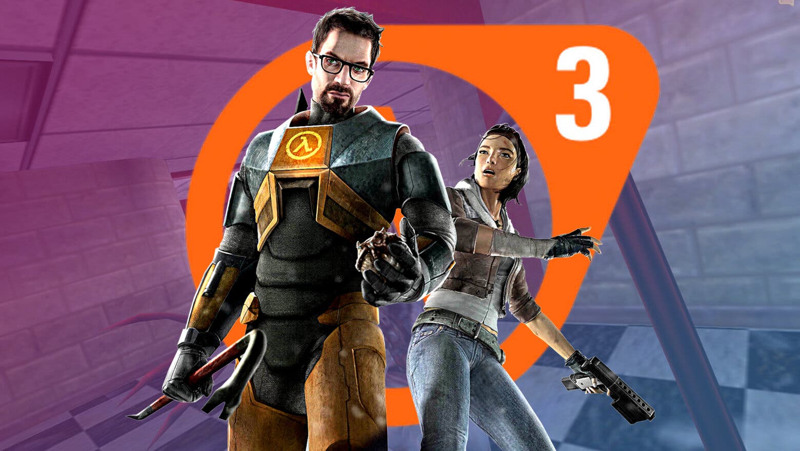 Render de protagonistas de la saga Half-Life junto a un logo de Half-Life 3 hecho por fans