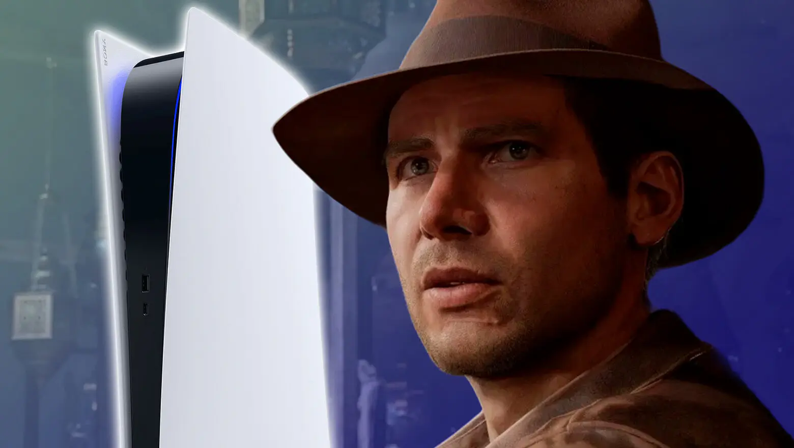 Arte oficial de Indiana Jones and the Great Circle junto a un render de una consola PS5