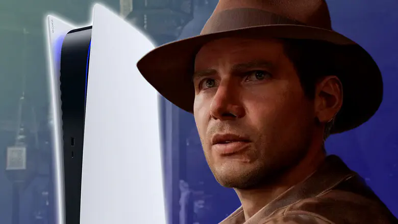 Arte oficial de Indiana Jones and the Great Circle junto a un render de una consola PS5