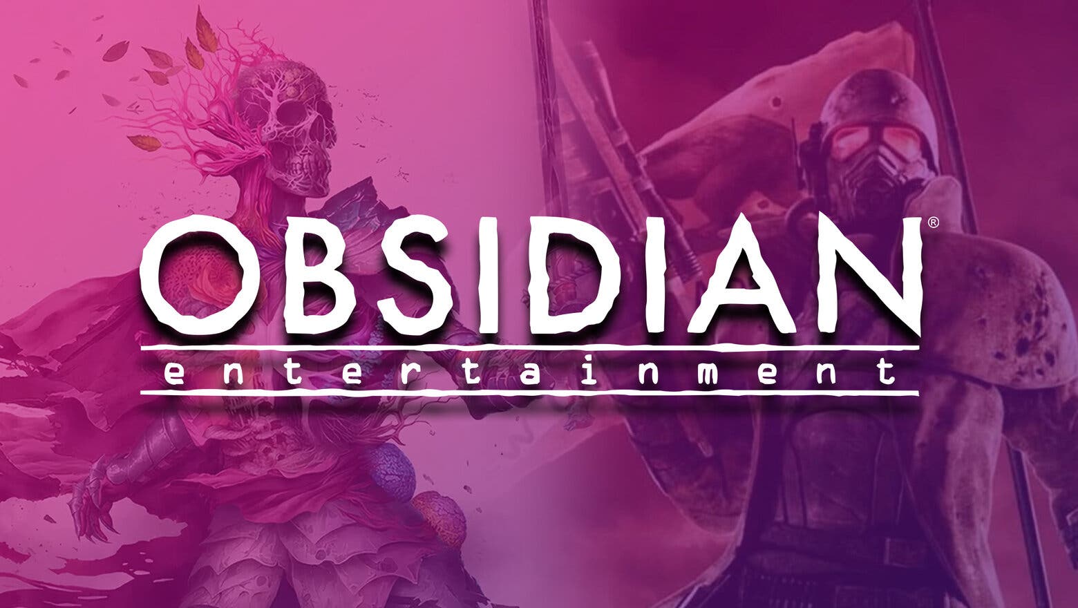 Logotipo de Obsidian Entertainment con un fondo de artes oficiales de Fallout New Vegas y Avowed