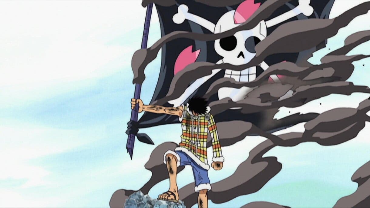 Luffy protegiendo la bandera de Hiriluk