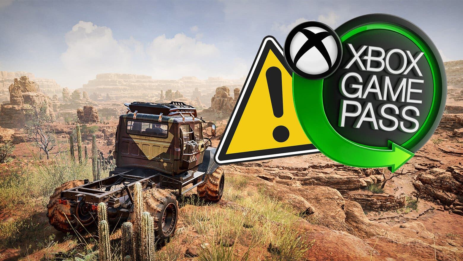 Arte oficial de Expeditions: A MudRunner Game junto al logo de Xbox Game Pass y una señal de advertencia