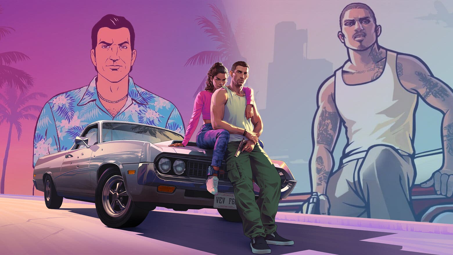 Arte oficial de los protagonistas de GTA VI sentados sobre el capó de un coche y con imágenes de fondo de CJ y Tommy Vercetti
