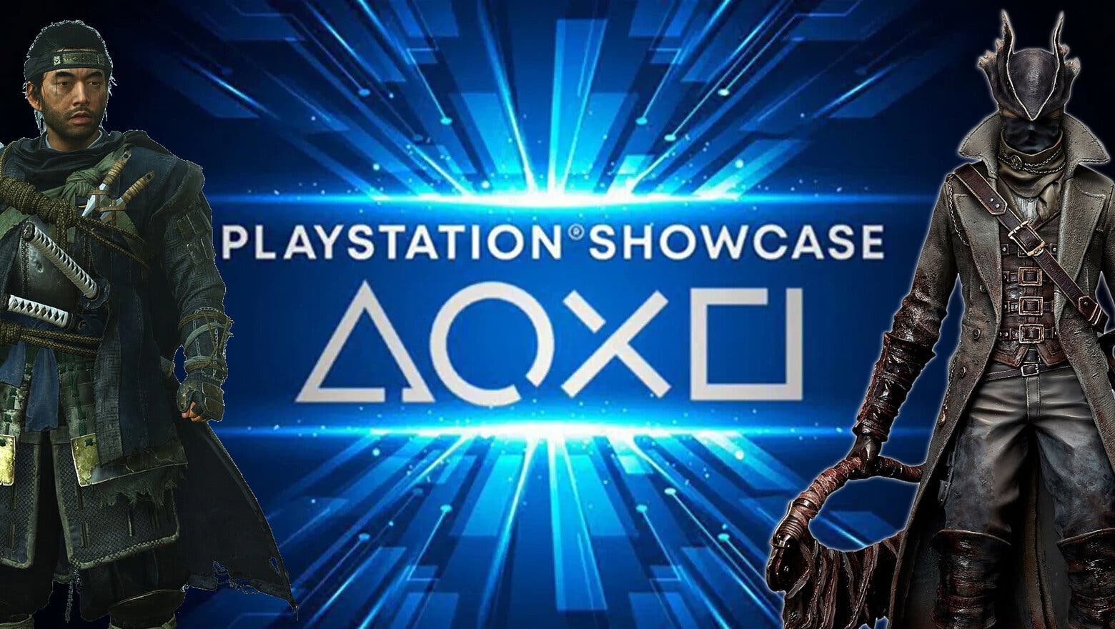 Arte oficial de PlayStation Showcase con un render en cada lateral de la imagen con los protagonistas de Bloodborne y Ghost of Tsushima