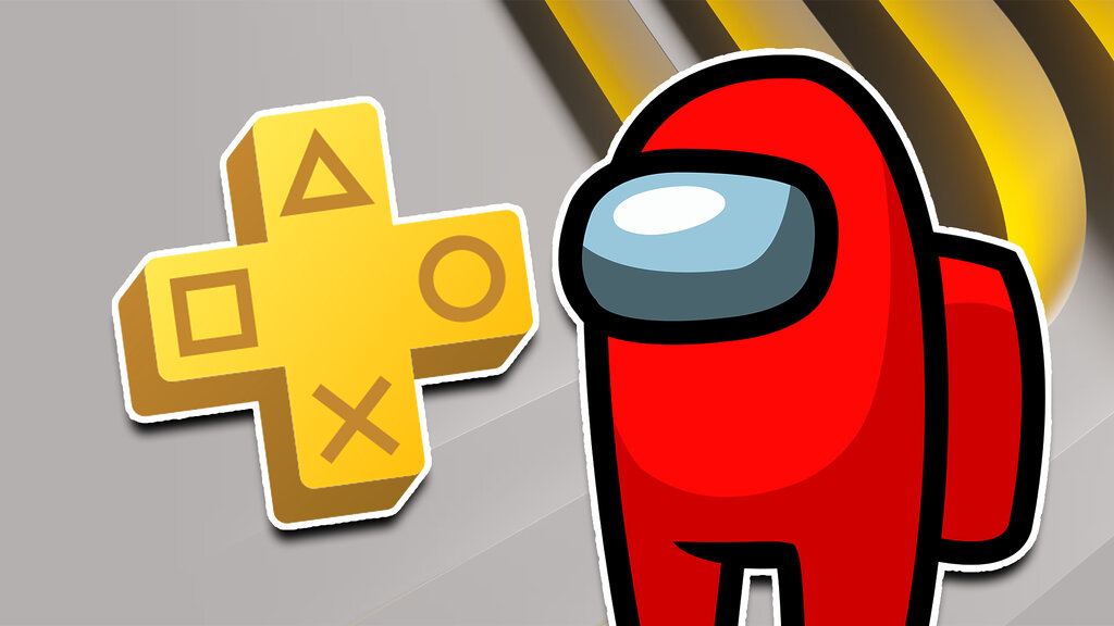 Personaje de Among Us de color rojo junto al logo de PS Plus