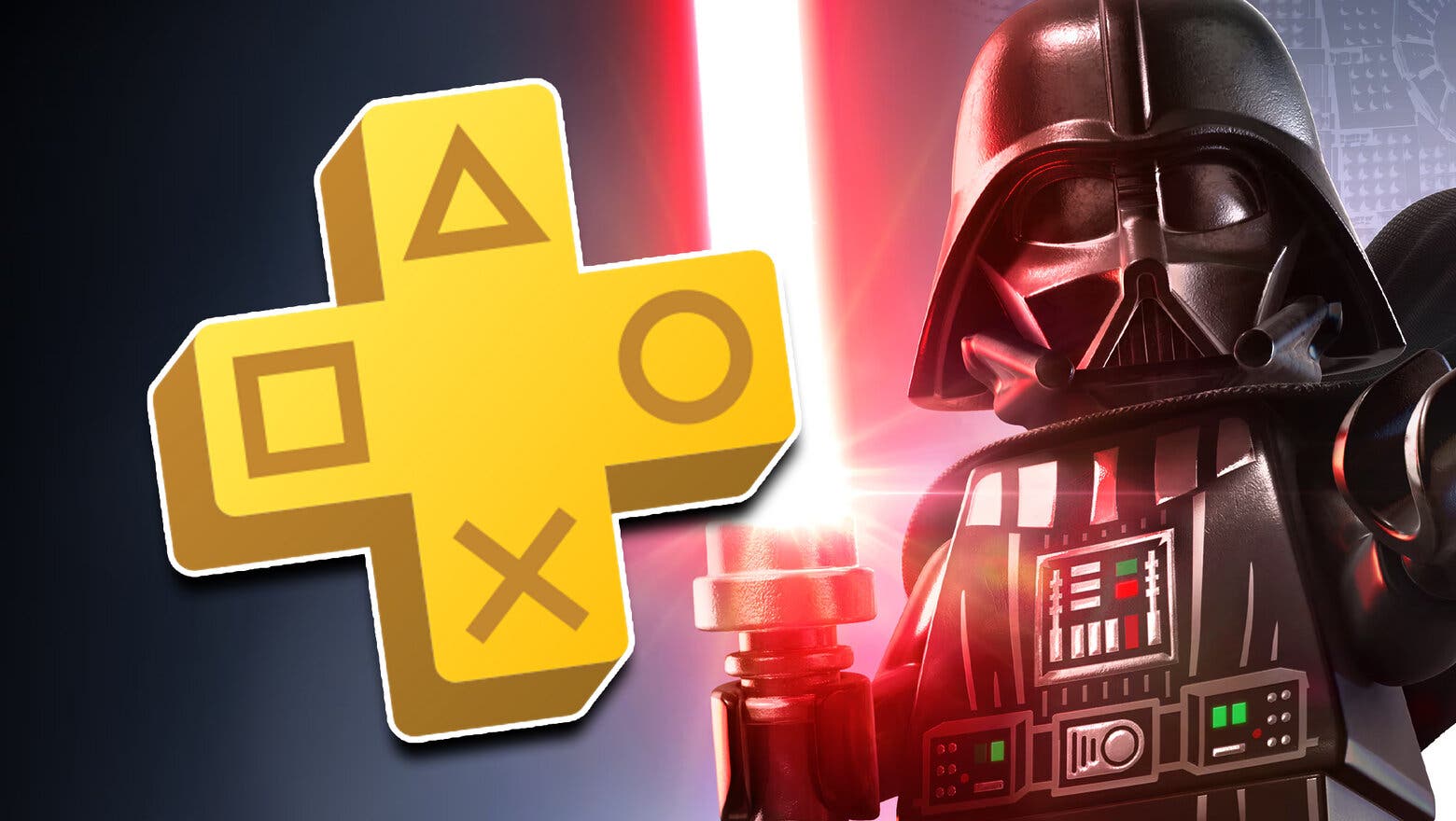 Logo de PS Plus junto al arte oficial de LEGO Star Wars: The Skywalker Saga con Darth Vader