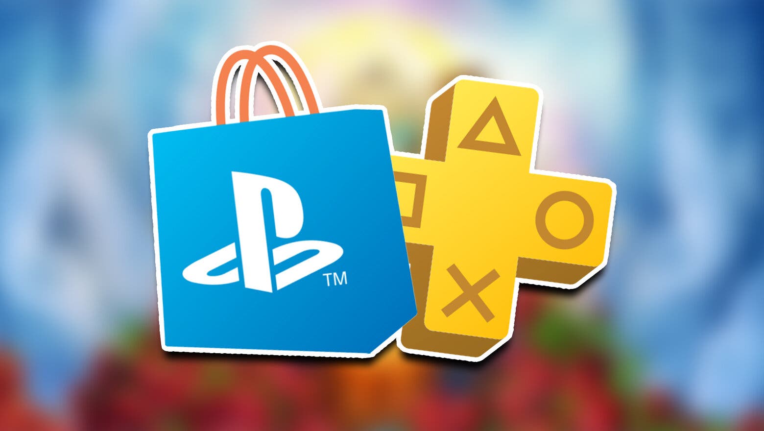 Logos entrecruzados de PS Store y PS Plus con un fondo difuminado