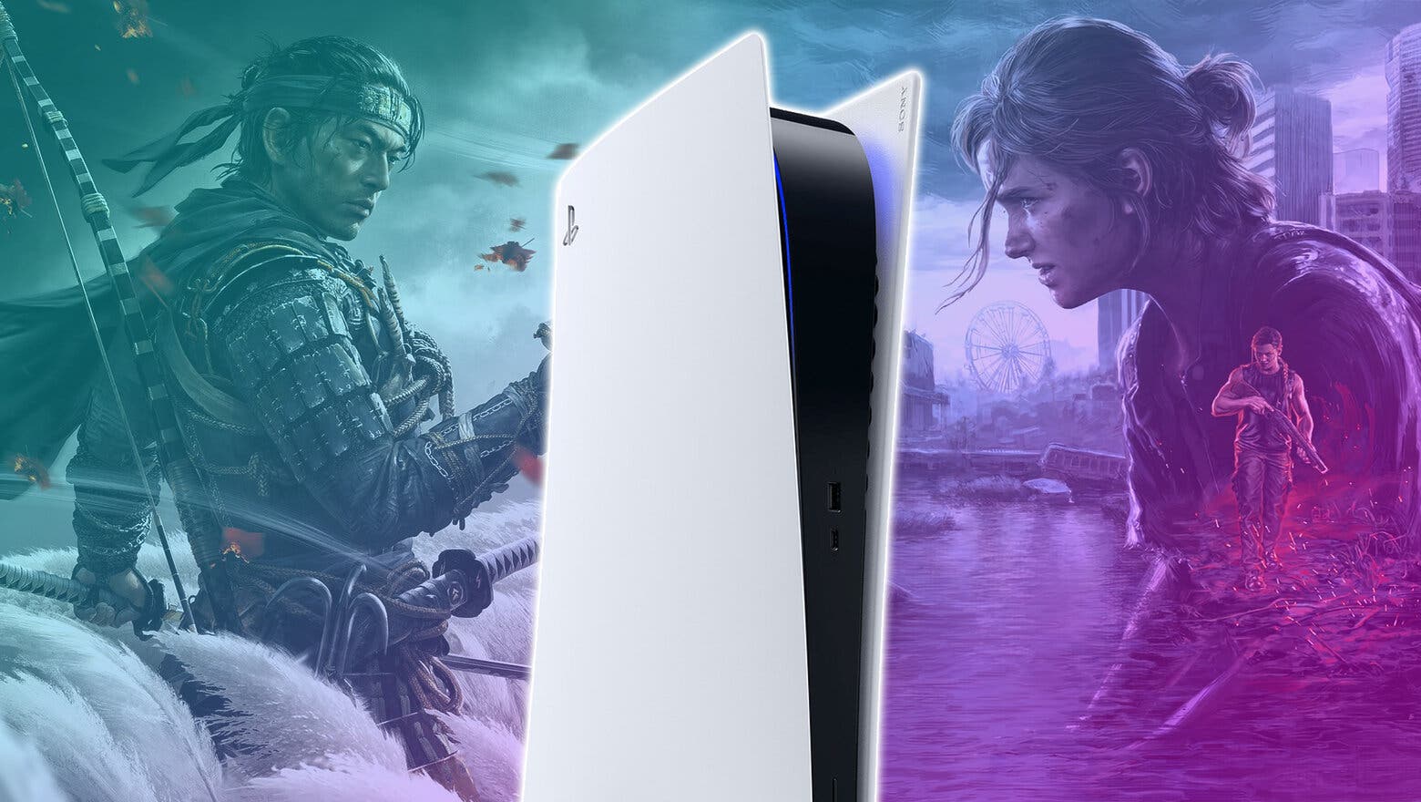 Una consola PS5 y de fondo artes oficiales de Ghost of Tsushima y The Last of Us: Parte II Remastered