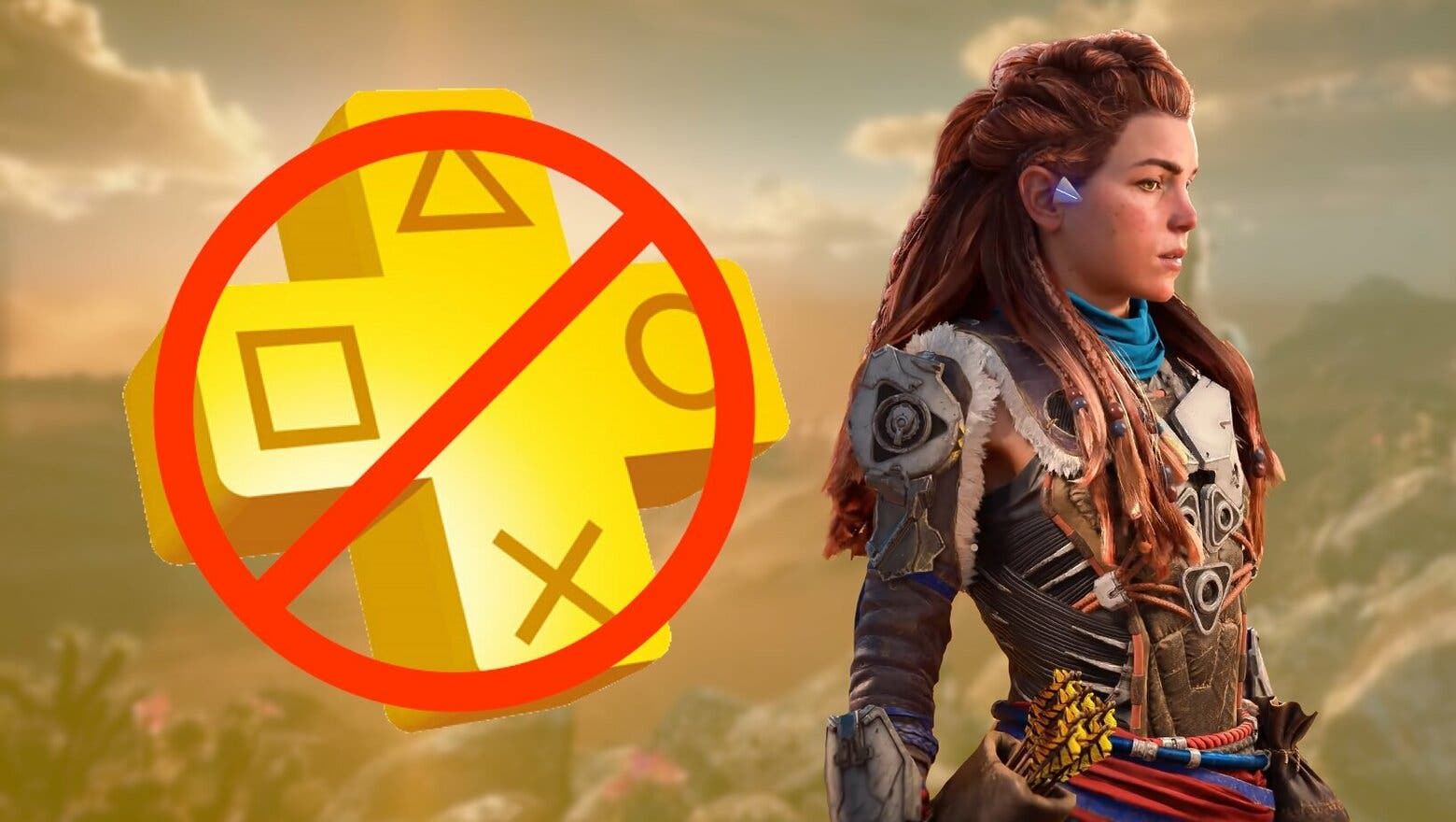 logo psplus con señal de prohibido aloy de Horizon de fondo