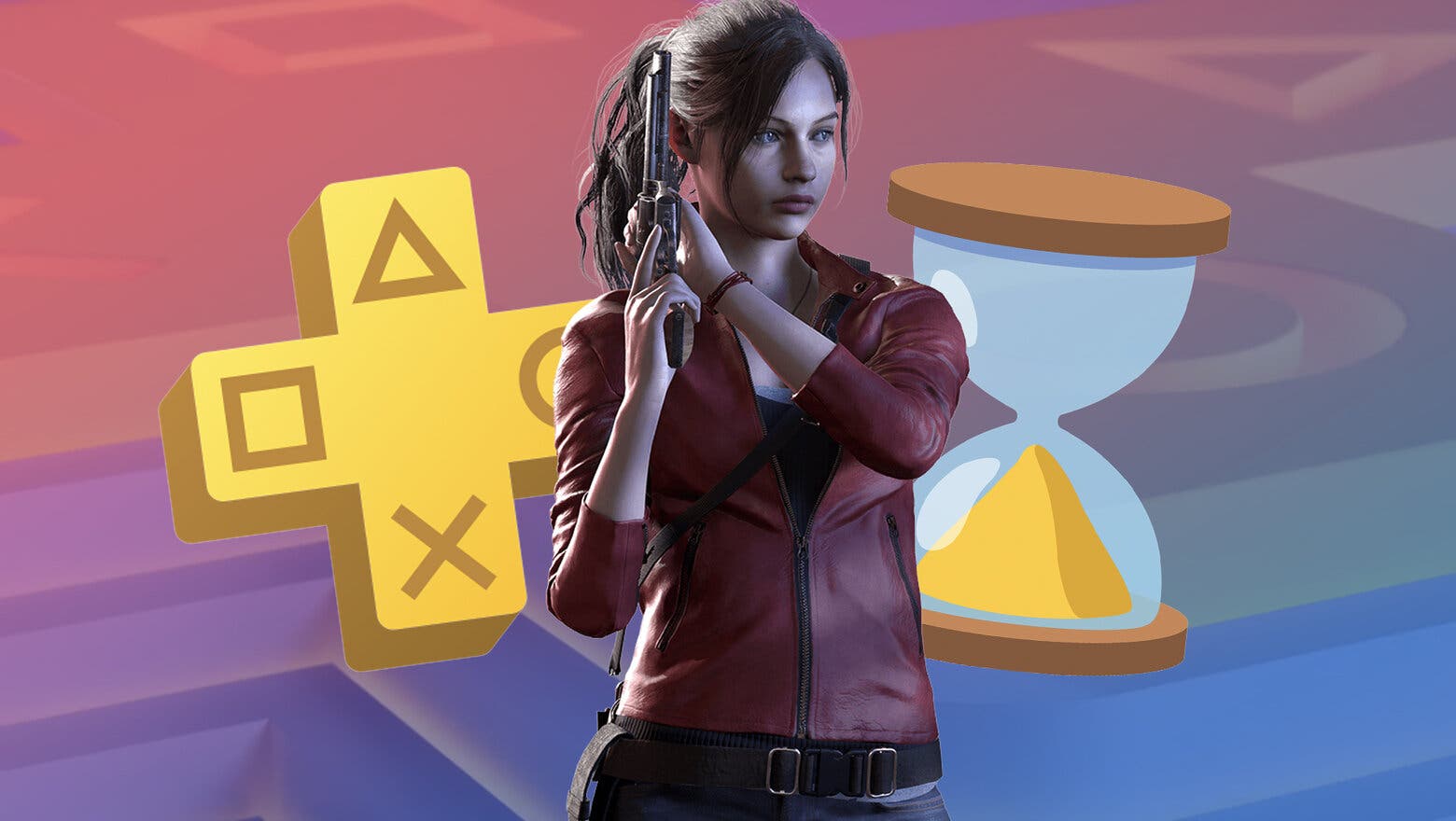 Render de Claire, coprotagonista de Resident Evil 2 Remake, junto al logo de PS Plus y un emoji de reloj de arena