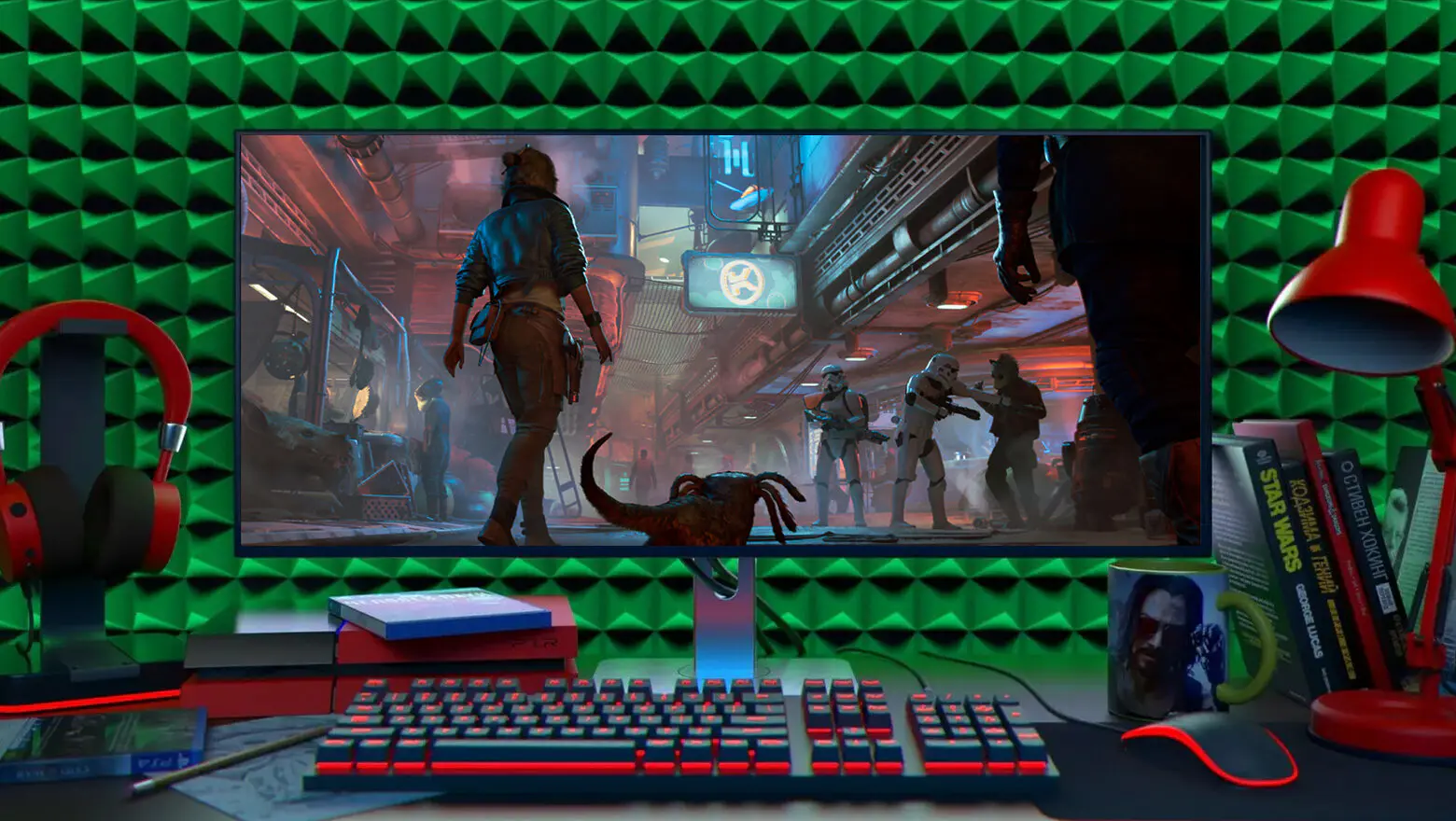 Fotografía de un setup de un PC Gamer con un una captura de Star Wars Outlaws en la pantalla del monitor