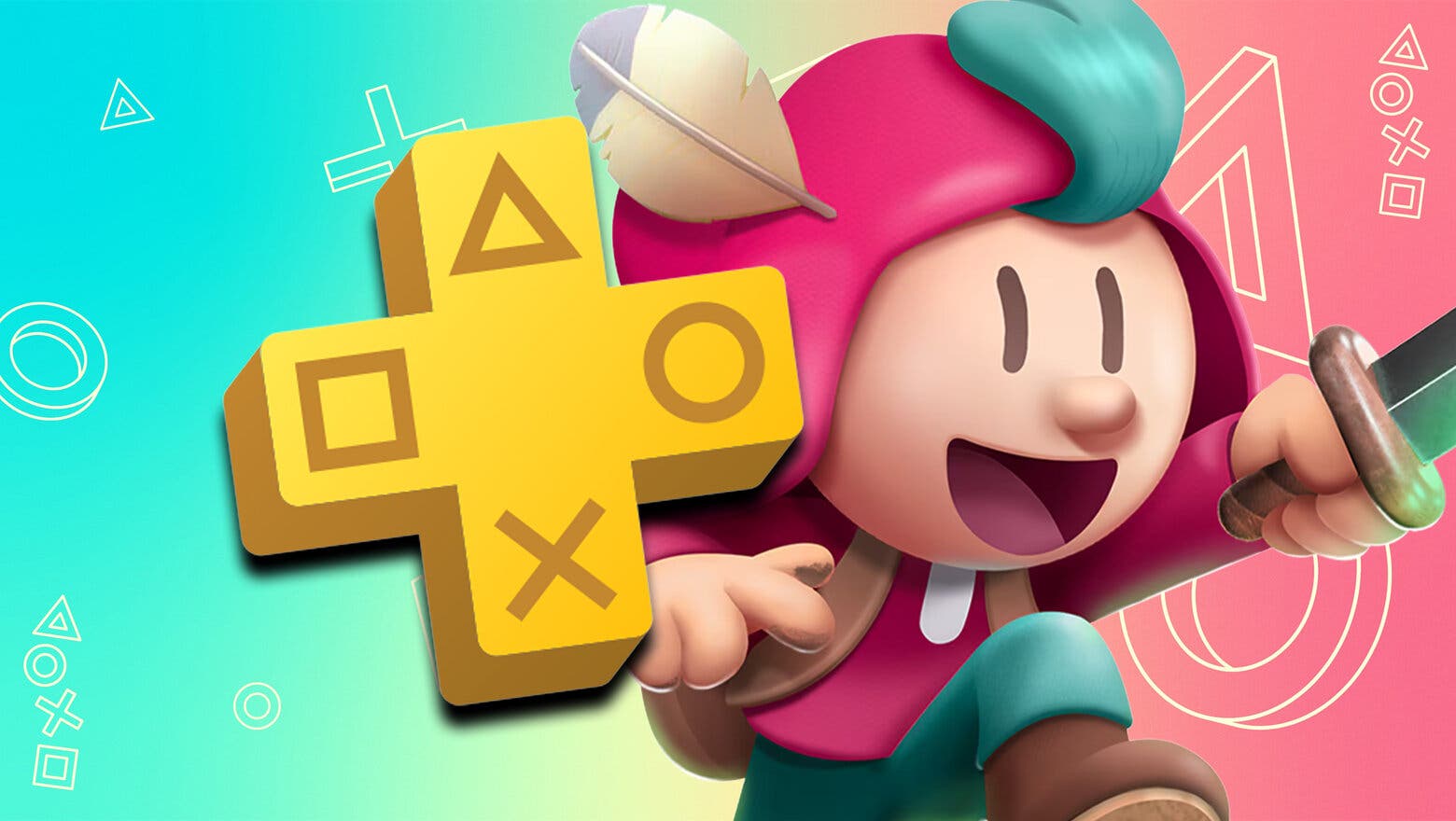 Render del protagonista de The Plucky Squire junto al logo de PS Plus