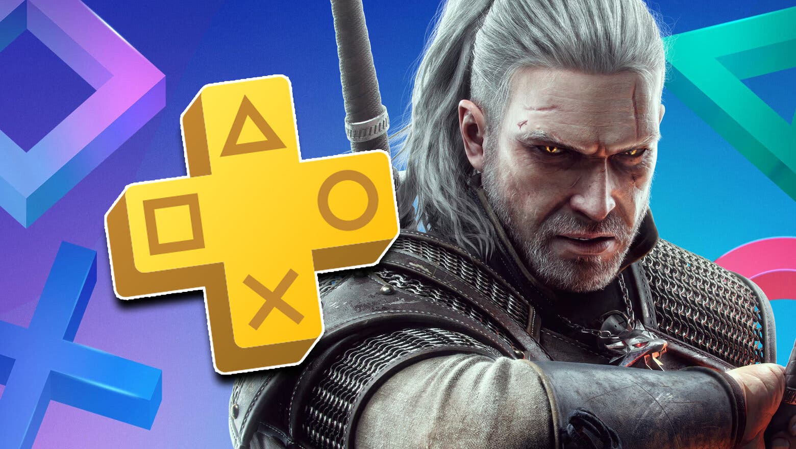 Render de Geralt, protagonista de The Witcher 3: Wild Hunt, junto al logo de PS Plus