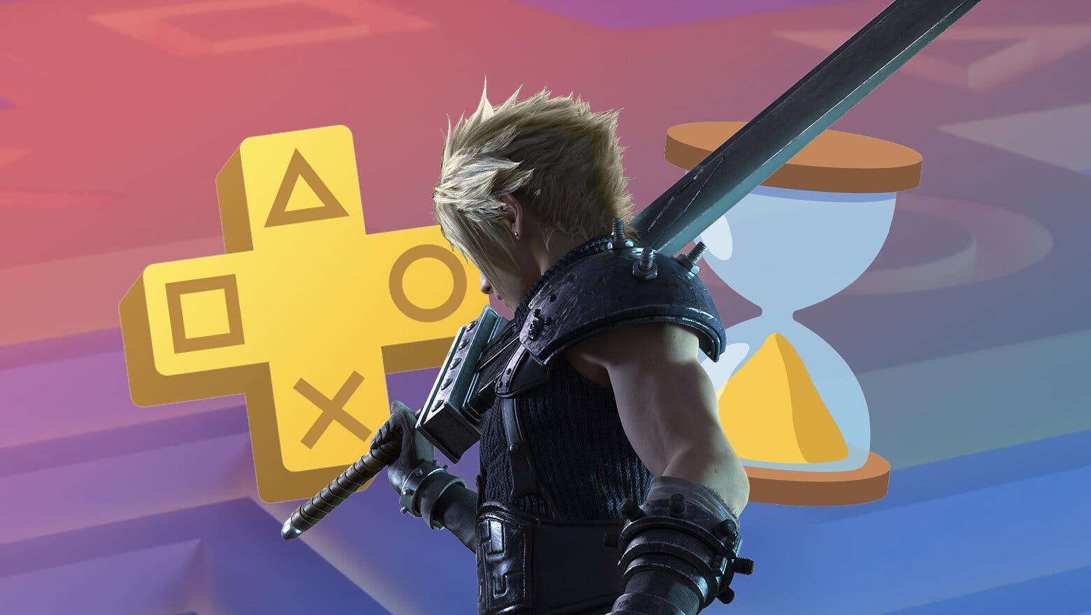 Render de Cloud Strife de Final Fantasy VII Remake junto al logo de PS Plus y un emoji de reloj de arena