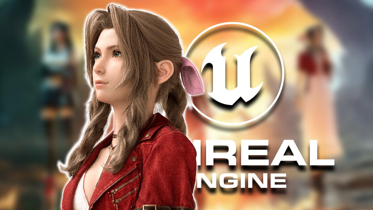 Render de Aeris de Final Fantasy VII Rebirth junto al logo de Unreal Engine