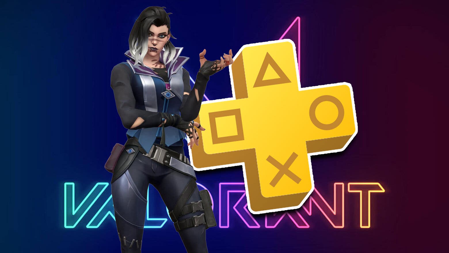 Personaje de Valorant junto al logo de PS Plus