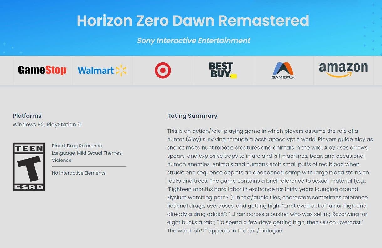 Horizon Zero Dawn Remastered aparece en la ESRB