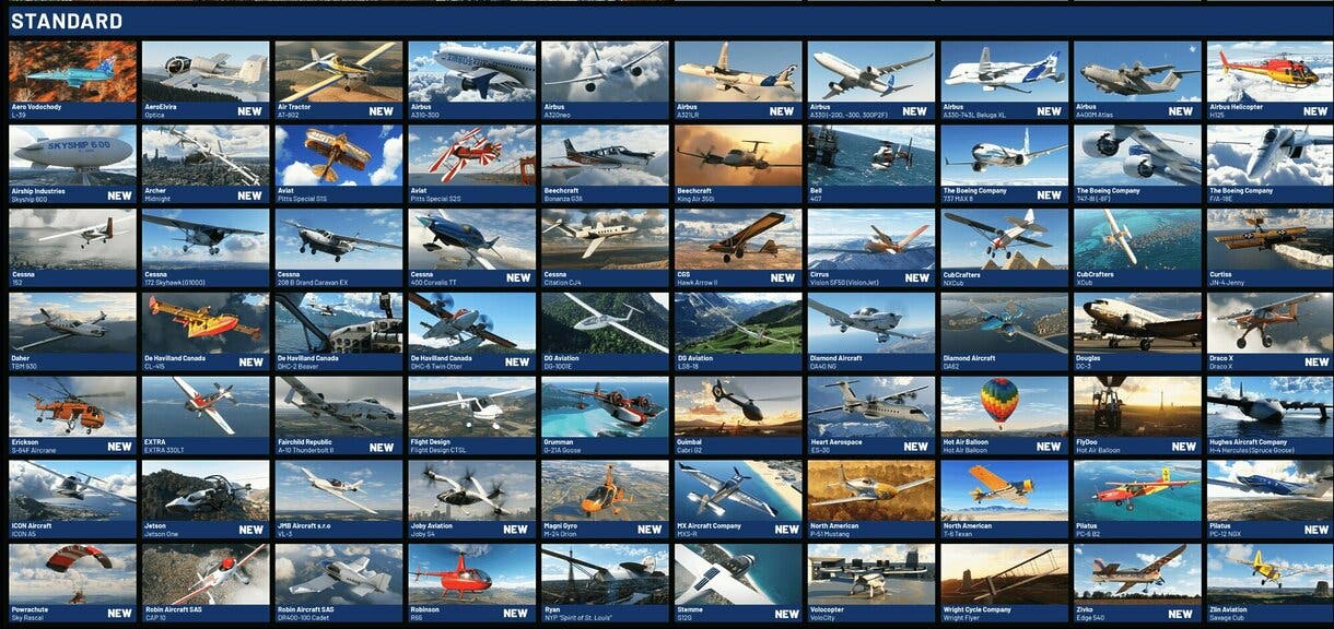 Lista con imágenes de todos los aviones disponibles en la edición estándar de Microsoft Flight Simulator 2024