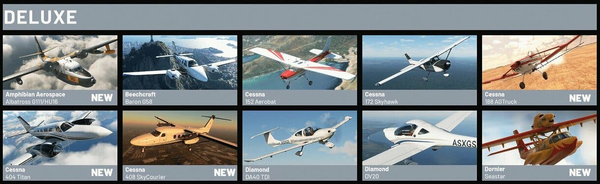 Lista con imágenes de todos los aviones disponibles en la edición Deluxe de Microsoft Flight Simulator 2024