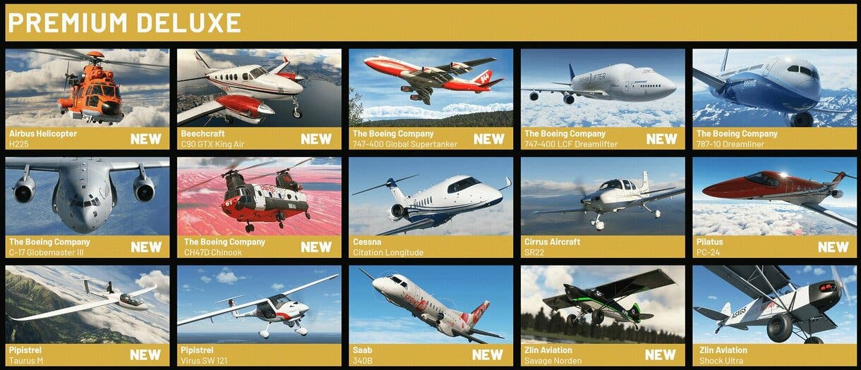 Lista con imágenes de todos los aviones disponibles en la edición Premium de Microsoft Flight Simulator 2024