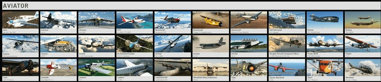 Lista con imágenes de todos los aviones disponibles en la edición Aviator de Microsoft Flight Simulator 2024