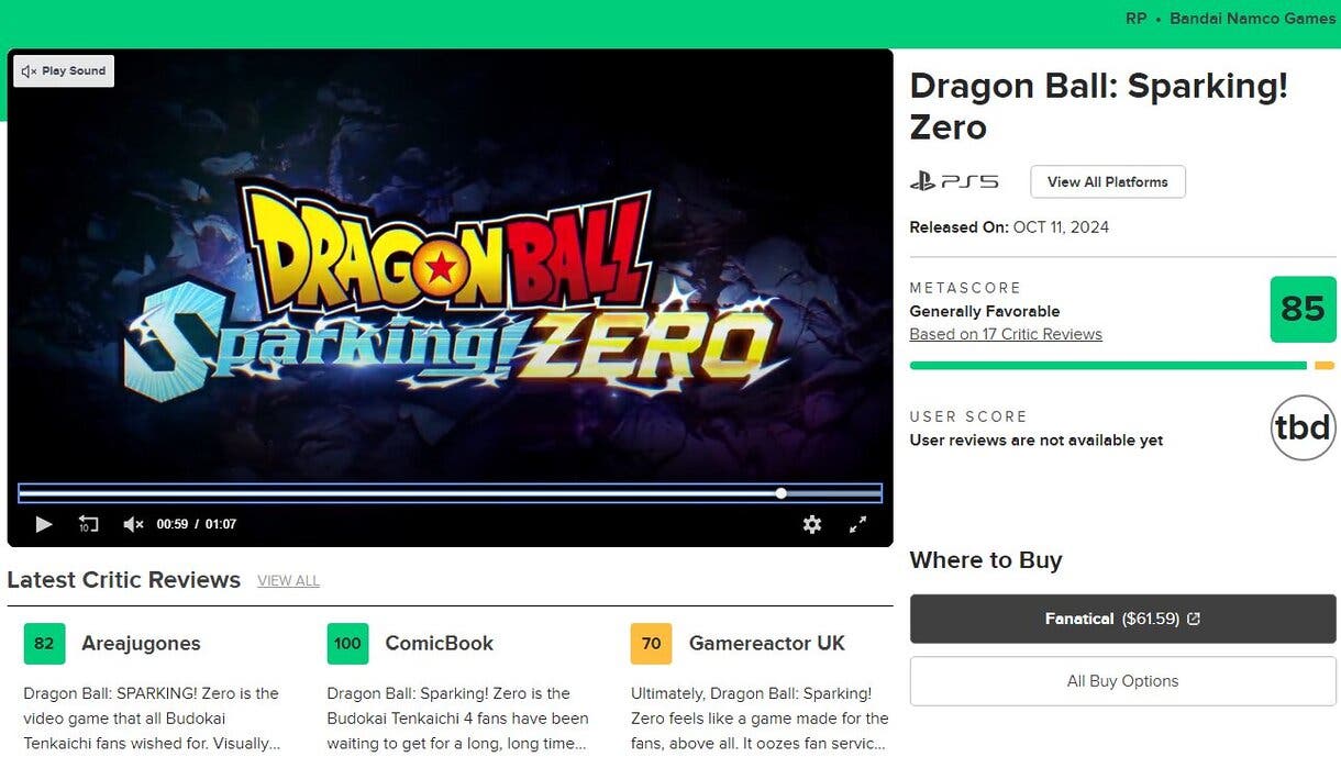 Nota Metacritic de Dragon Ball: Sparking Zero! 