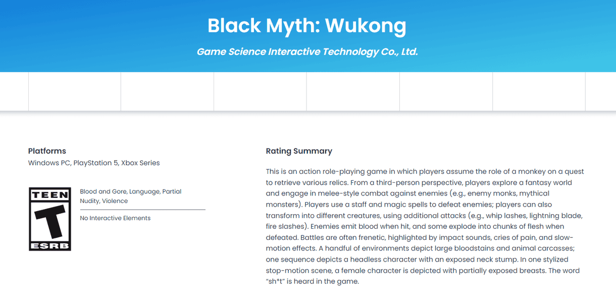 Black Myth Wukong Xbox Series ESRB