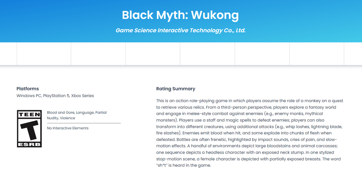 Black Myth Wukong Xbox Series ESRB