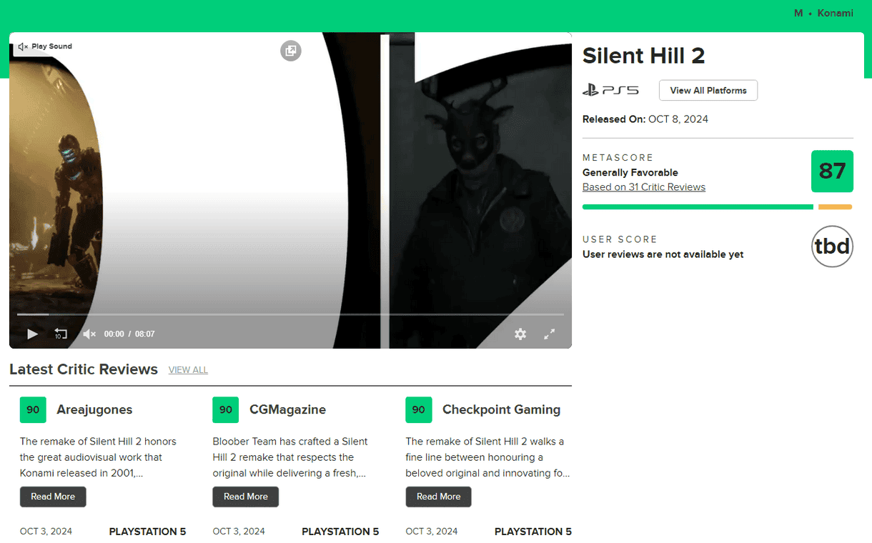 Silent Hill 2 Remake ya cuenta con sus primeras reviews y esta es su nota media en Metacritic