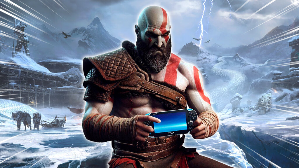 Kratos sujetando una consola portátil de PlayStation