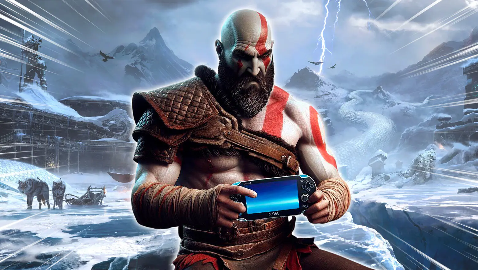 Kratos sujetando una consola portátil de PlayStation