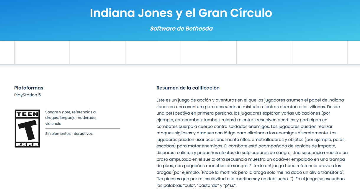 Calificación Indiana Jones y el Gran Círculo