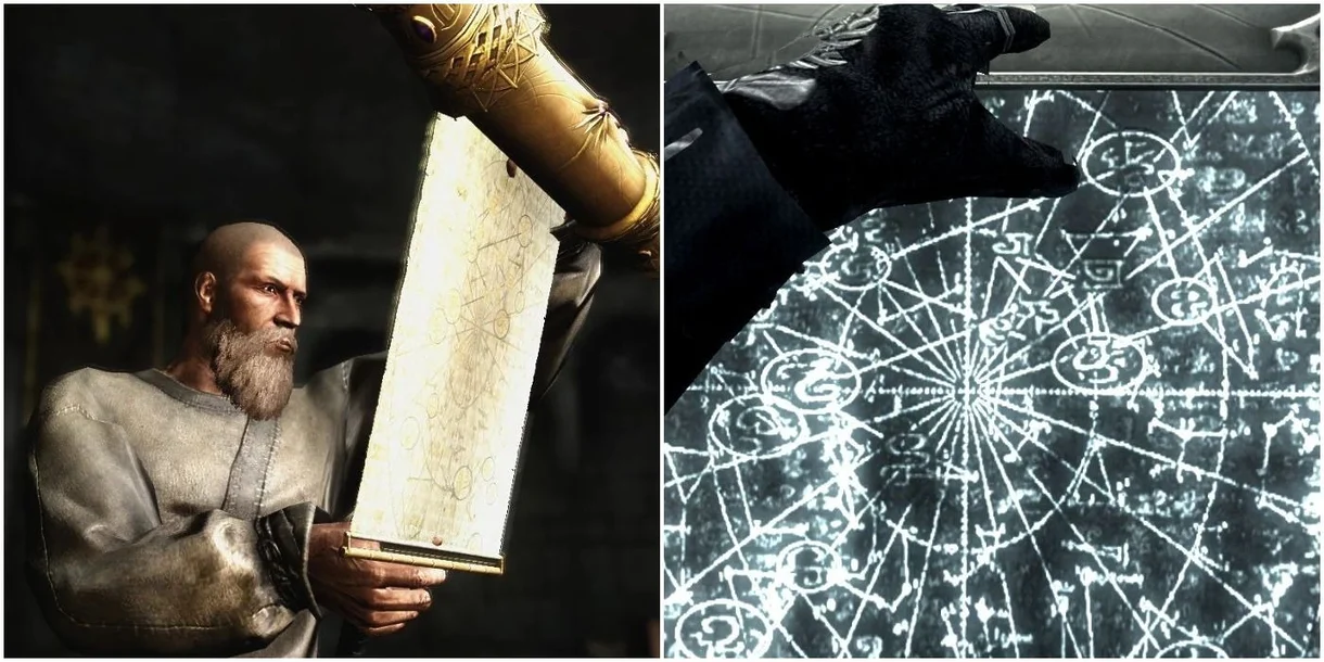 Un monje leyendo un Elder Scroll en Skyrim