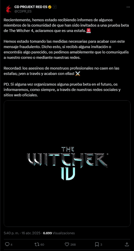 Si te han invitado a probar The Witcher 4 ten cuidado, es una estafa y CD Projekt Red ya ha avisado