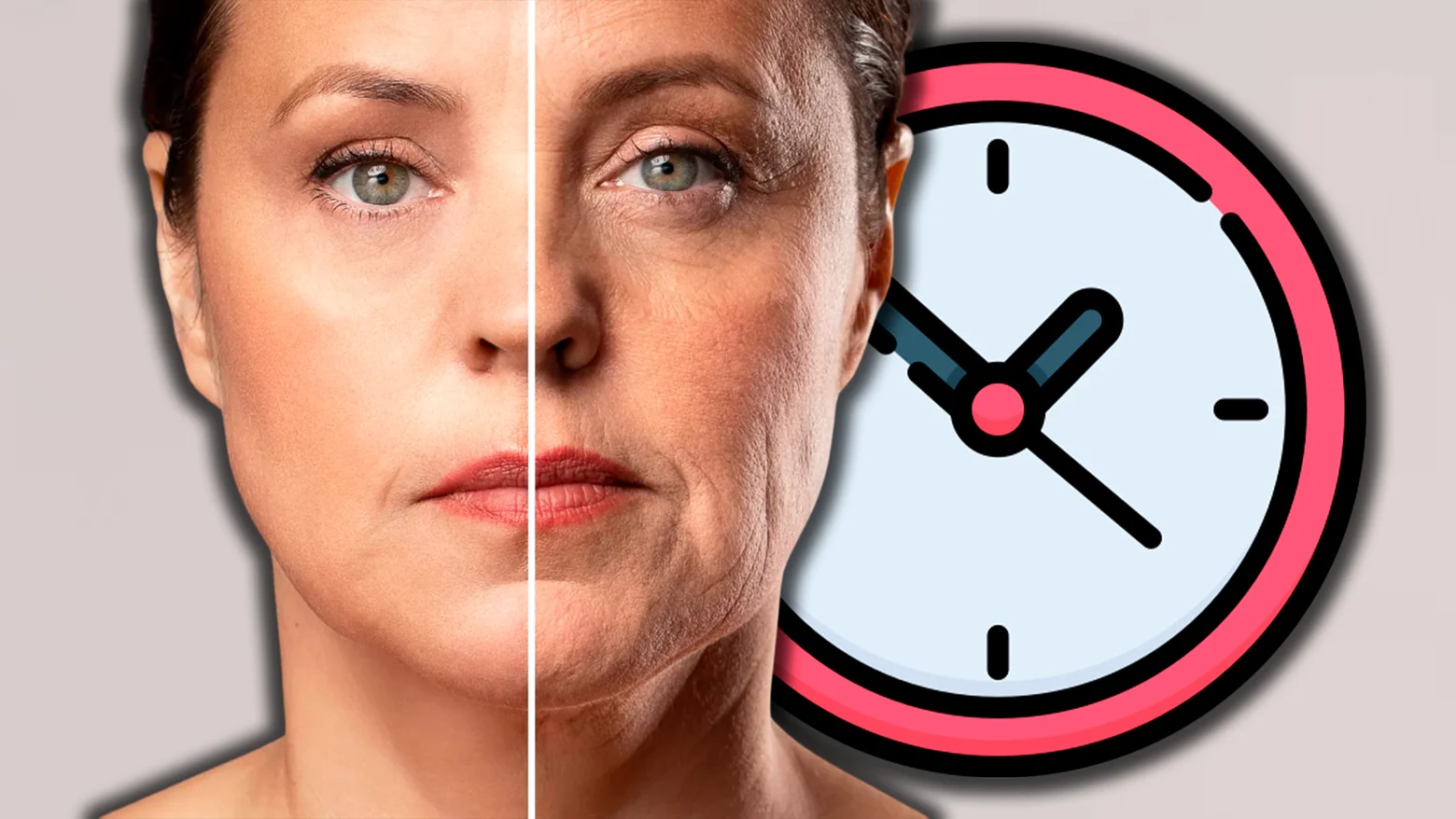 Una imagen con un reloj y una persona envejeciendo