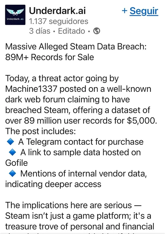 Steam ha sido hackeado: hasta 89 millones de cuentas expuestas y una podría ser la tuya