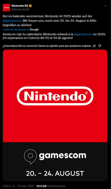 Nintendo confirma su presencia en la Gamescom 2025 tras un tiempo alejada del evento