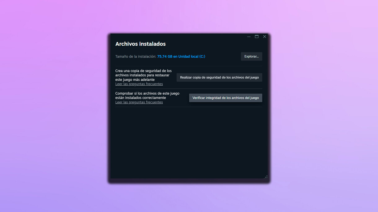 Pestaña de archivos instalados de Steam