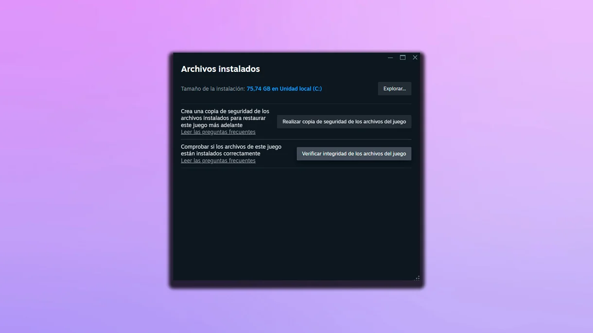 Pestaña de archivos instalados de Steam