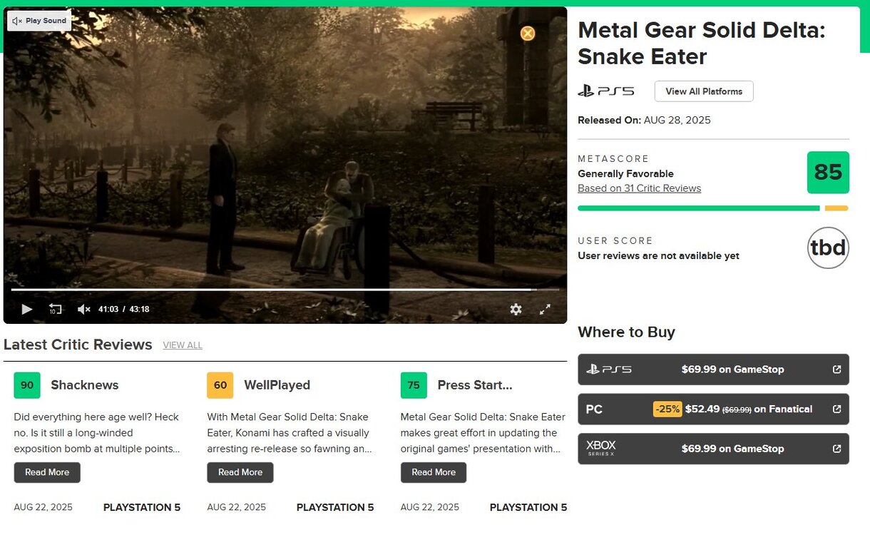 ¿Qué tal han ido las notas de Metal Gear Solid Delta? Así es su rendimiento en Metacritic