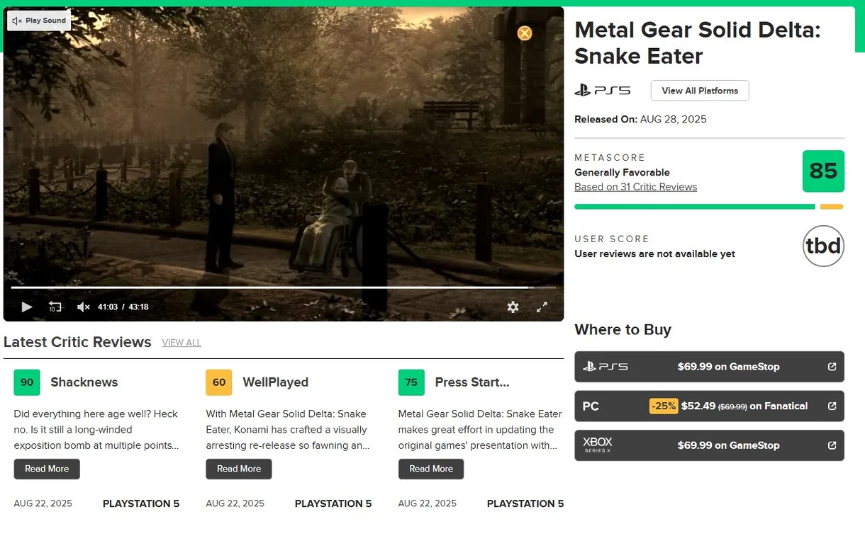 ¿Qué tal han ido las notas de Metal Gear Solid Delta? Así es su rendimiento en Metacritic