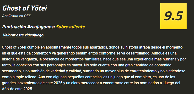 Nota de Ghost of Yotei Areajugones