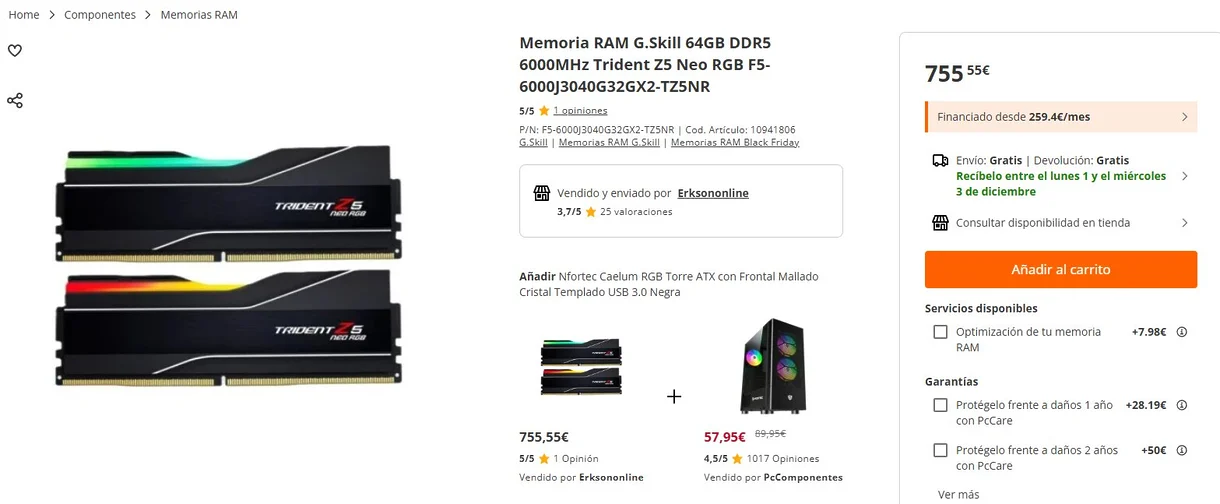 Captura de pantalla del precio de las tarjetas RAM en PcComponentes