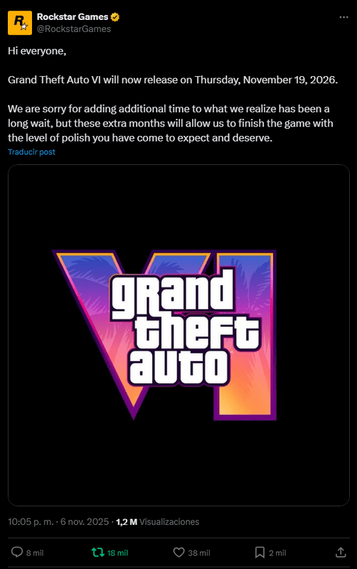 GTA VI NO saldrá en mayo de 2026: Rockstar confirma un nuevo retraso y nueva fecha en noviembre